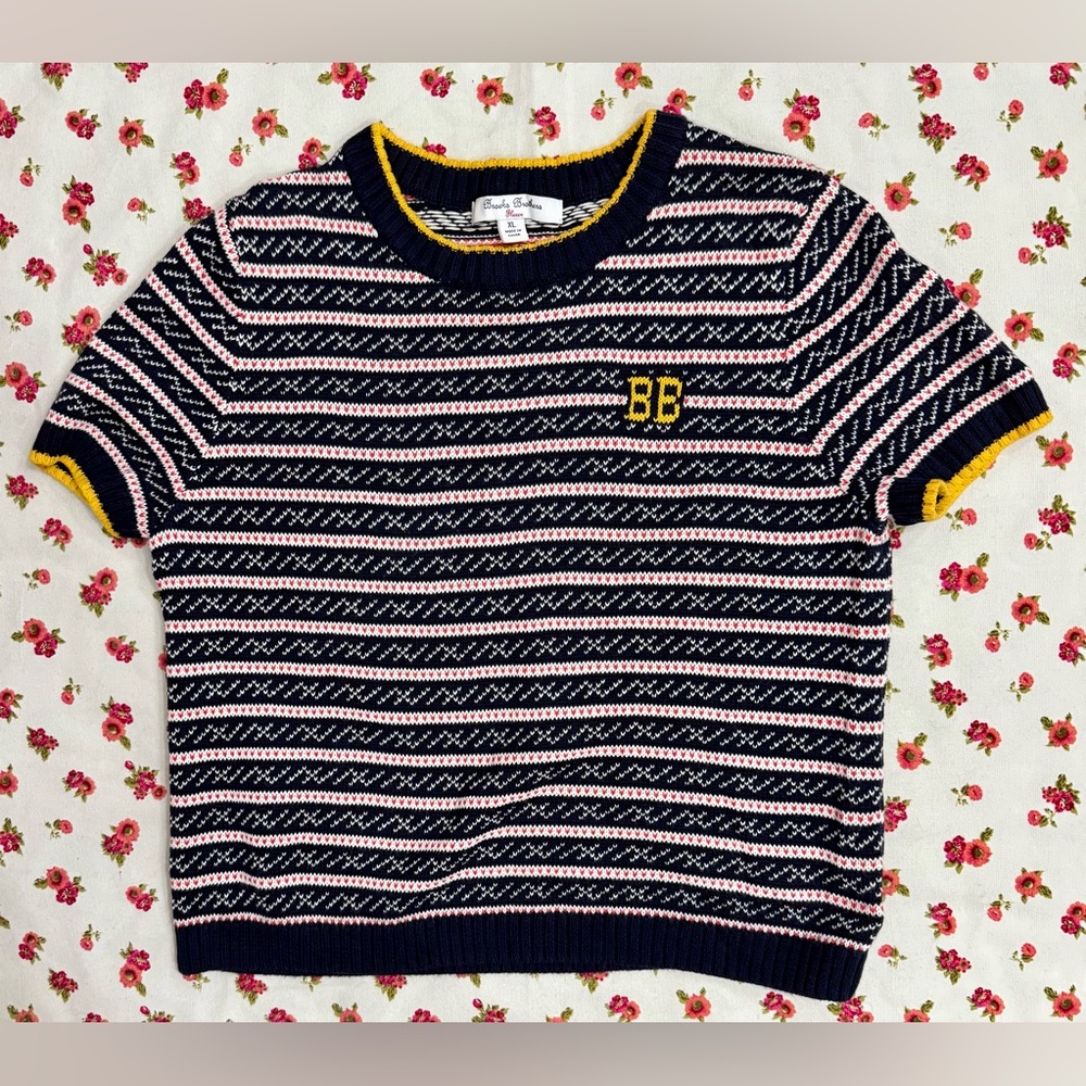 Women’s Brooks Brothers Fleece 100% Cotton Striped Short Sleeve Sweater!